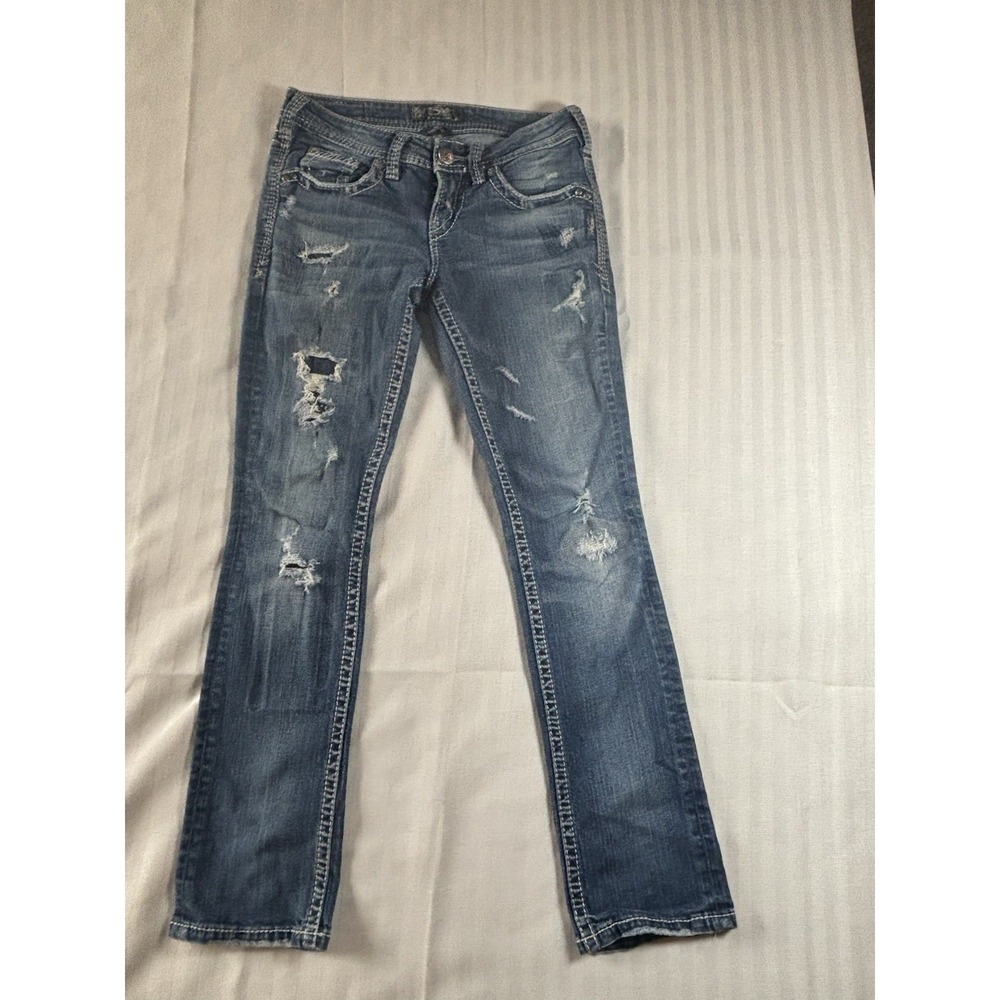 Silver Womens AIKO Baby Boot Jeans Distressed‎ Medium Wash Low Rise W25/L 31